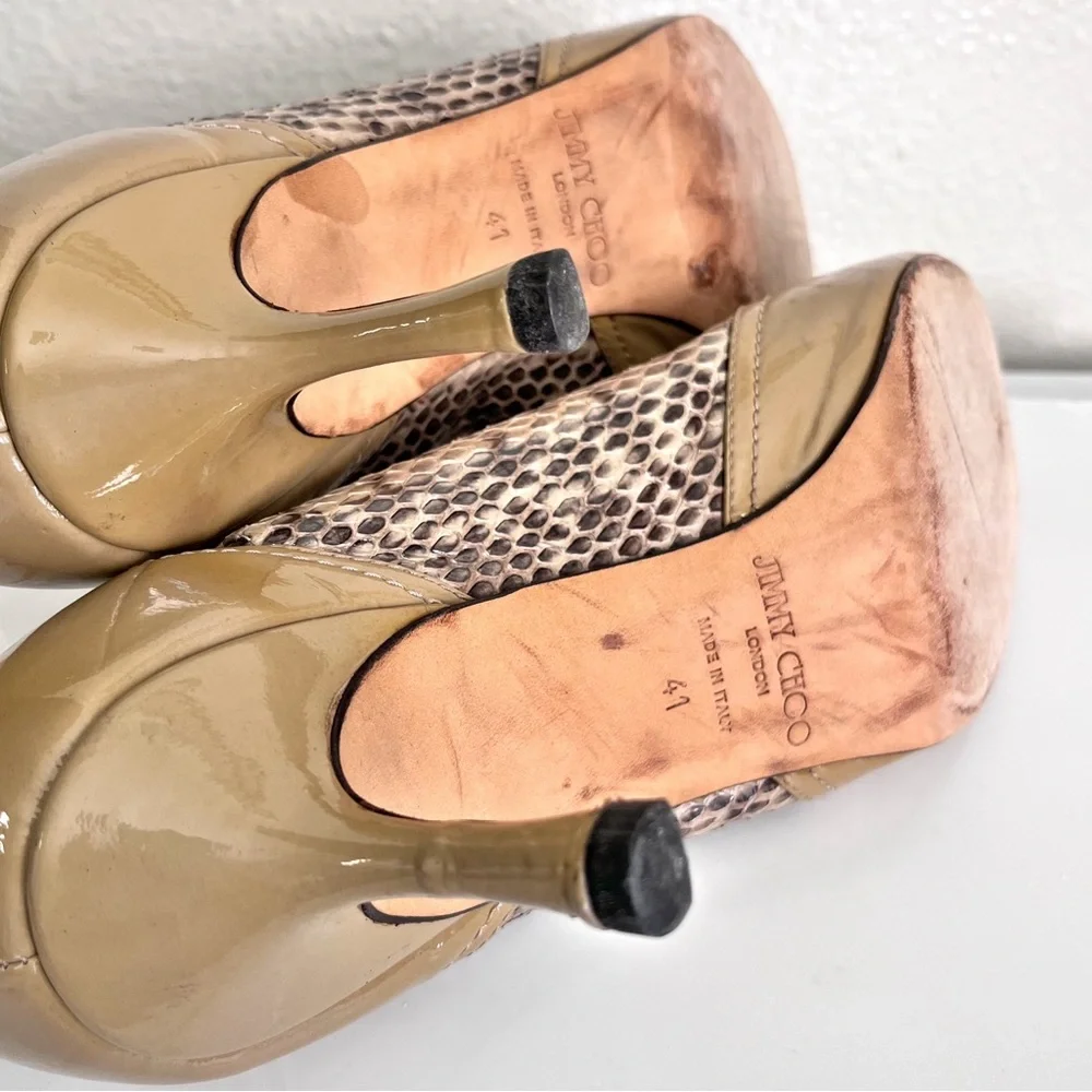 Jimmy Choo Python & Beige Patent Leather Open Toe Heels Size 41